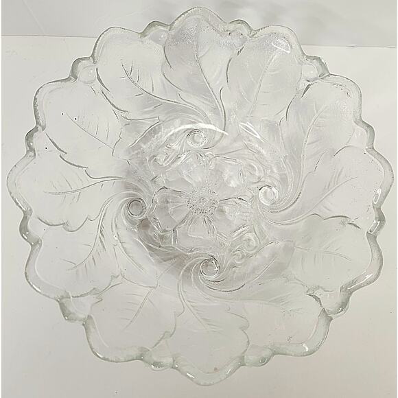 Vintage Pressed Glass Bowl Swirl Leaf Floral Scalloped Clear Decorative - Picture 2 of 6